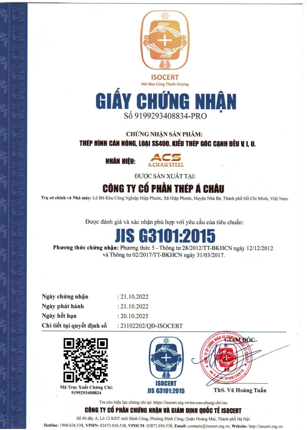 Chứng nhận ISO 9001:2015 các sản phẩm thép hình Á Châu