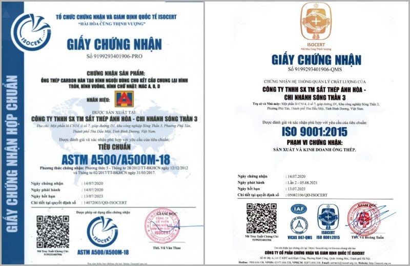 Chứng nhận chất lượng các sản phẩm của nhà máy thép Ánh Hòa