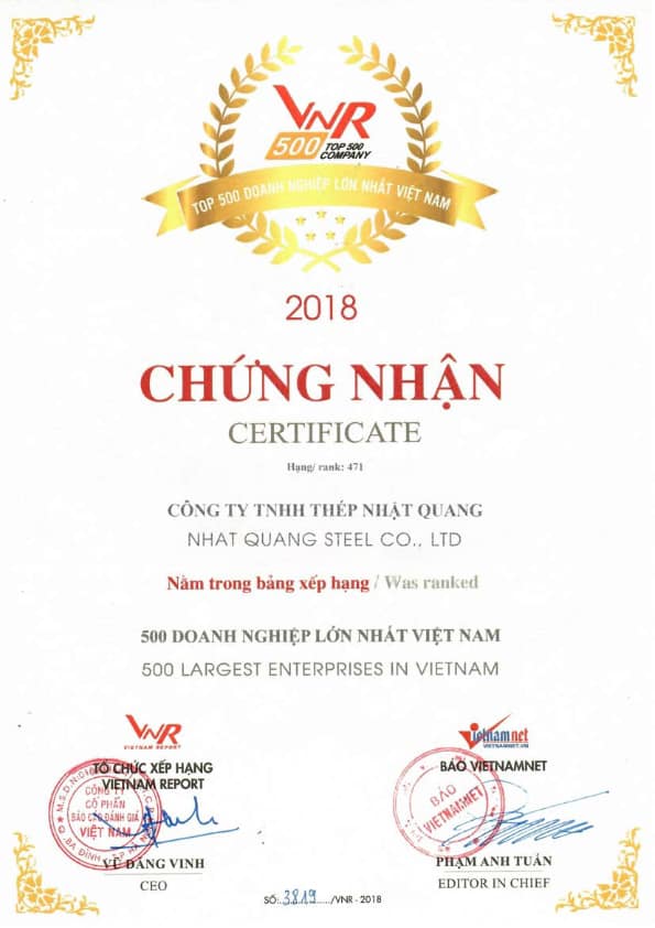 Giải thưởng Top 500 doanh nghiệp lớn nhất Việt Nam (VNR500) của công ty Thép Nhật Quang năm 2018