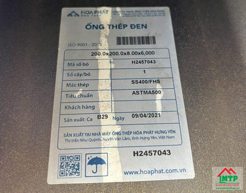 Mác thép hộp 200x200 Hoà Phát chính hãng